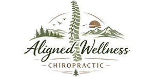 Logo featuring a spine illustration in the center, flanked by smaller trees on the left