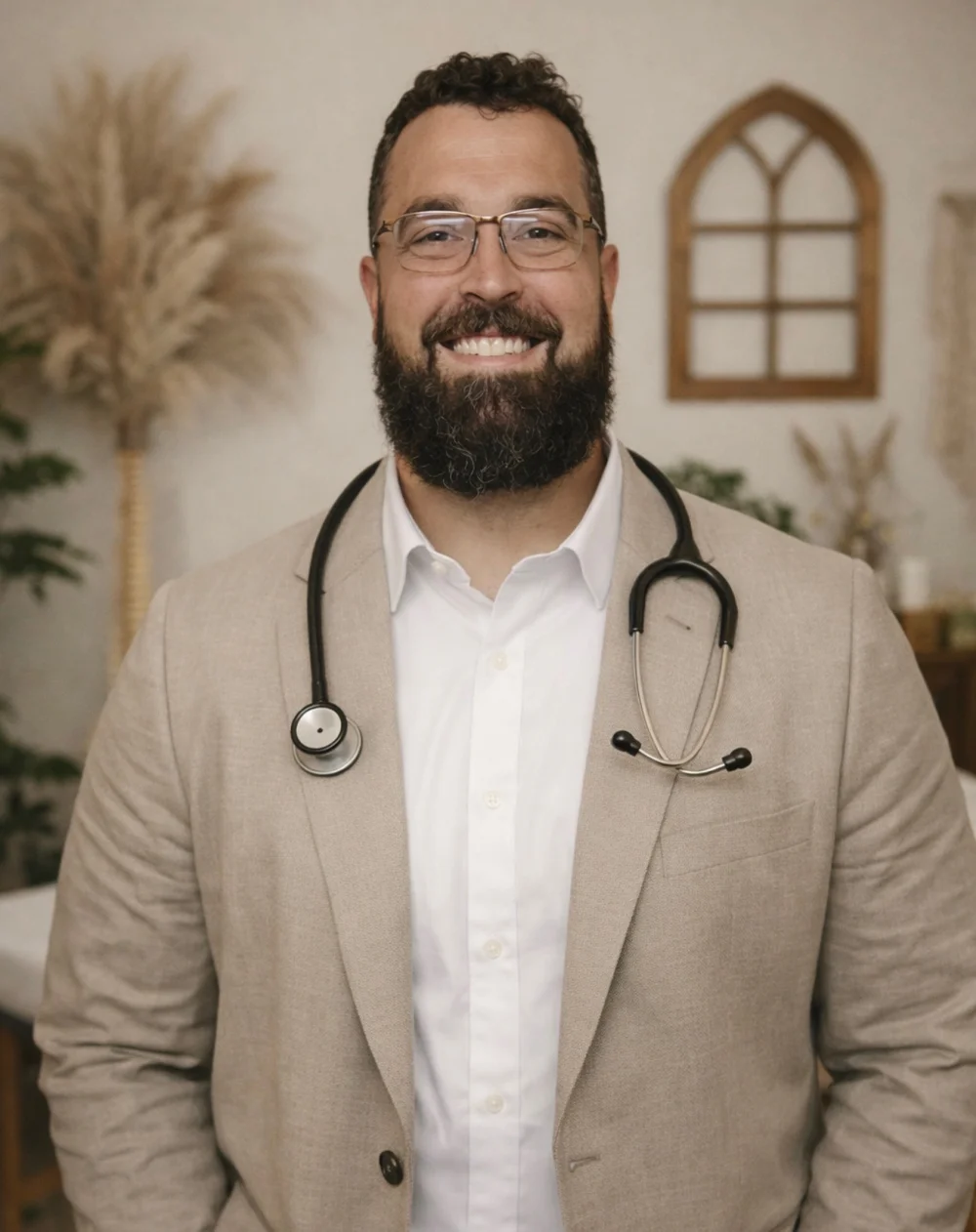 Dr. Jake Harris wearing a light-colored blazer over a white shirt with a stethoscope draped around the neck